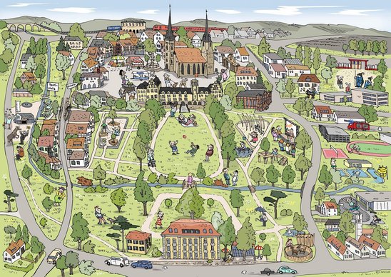 Wimmelbild Öhringen mit Hofgarten, Hoftheater, Schloss und andere Gebäude